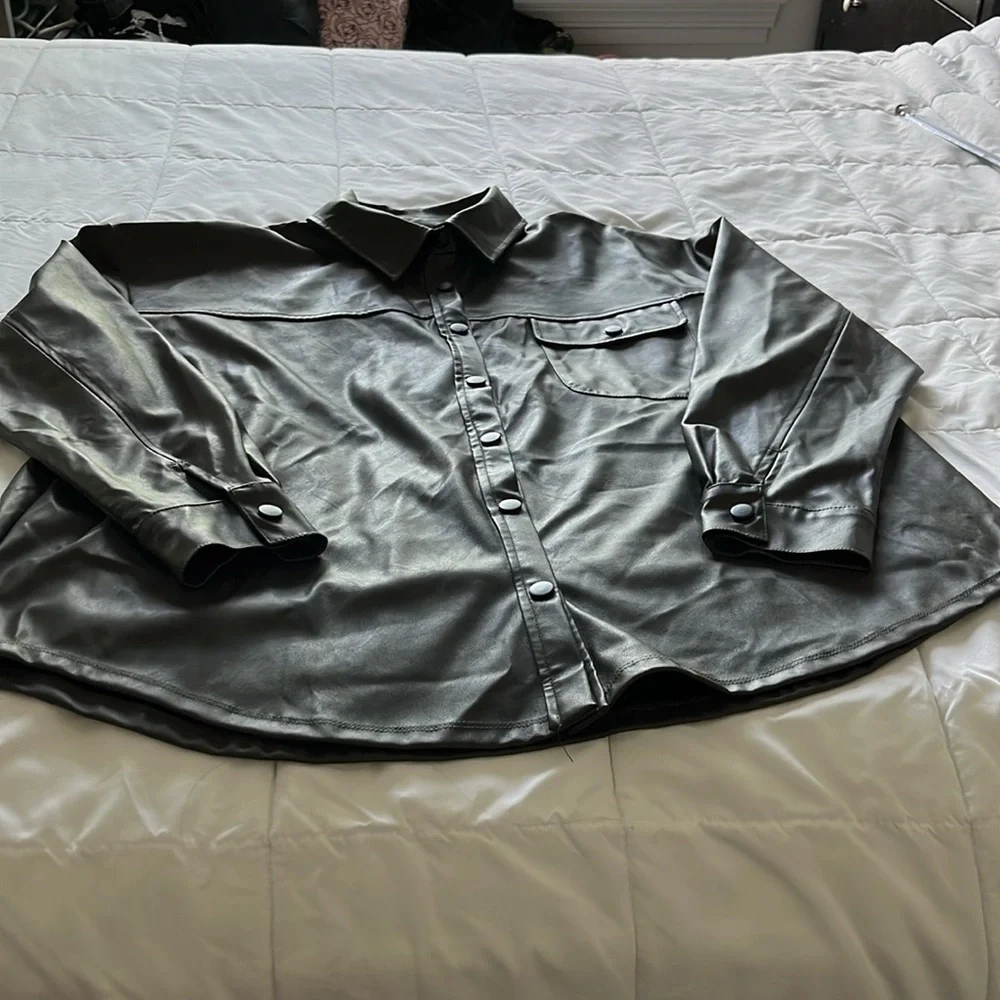 ASOS Olive Green Faux Leather Button-Down Shirt - Picture 5 of 16